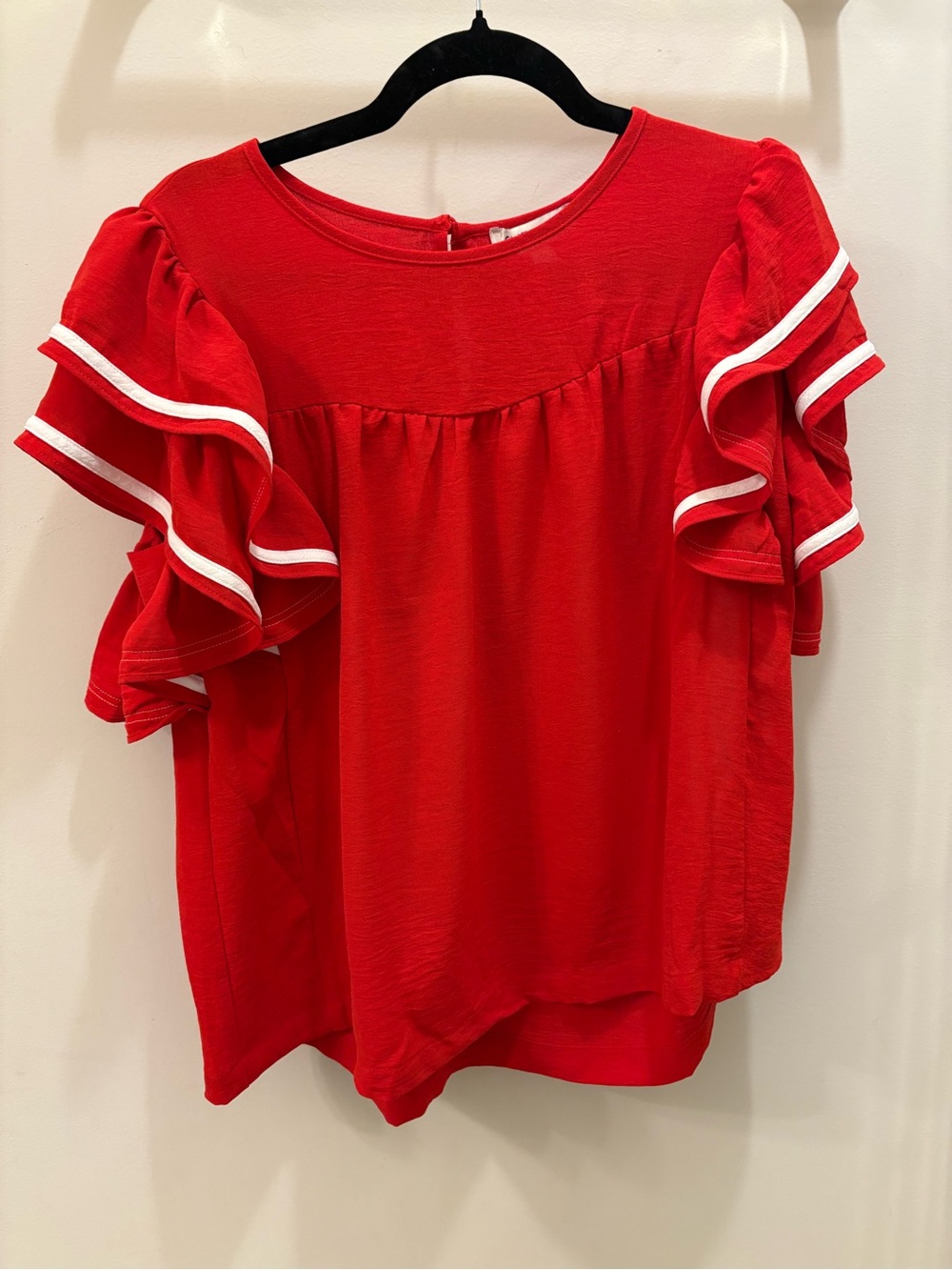 NWT She + Sky Red Ruffle Sleeve White Trim Blouse